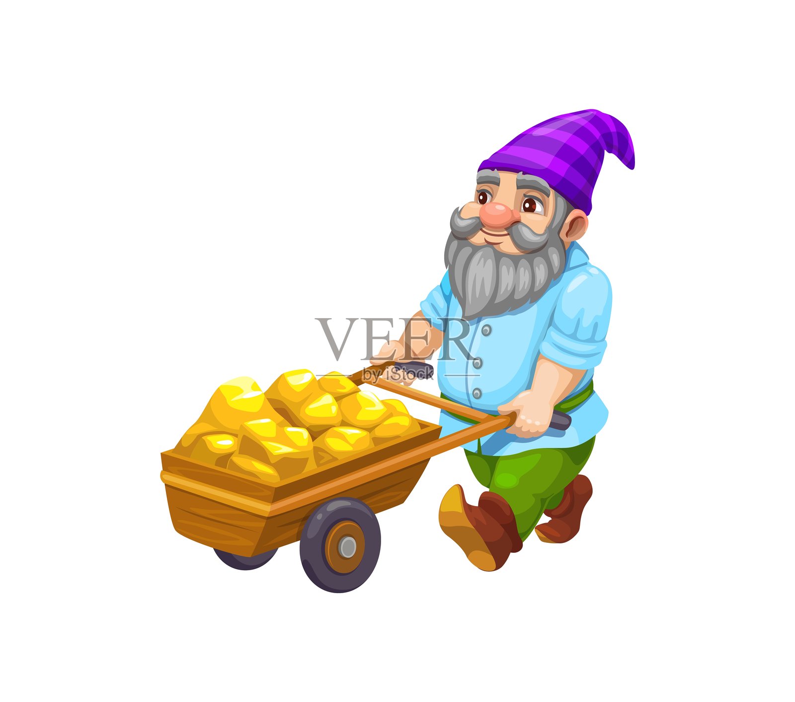 卡通侏儒人物，黄金在独轮车插画图片素材