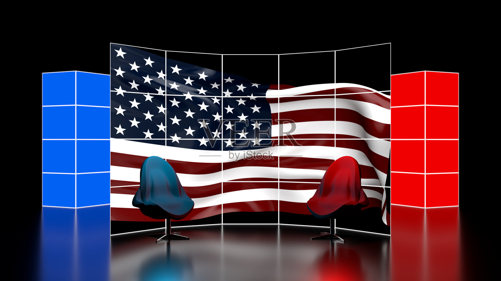 美国投票，美国选举。媒体概念——多个电视屏幕。数字数据和技术流。照片摄影图片