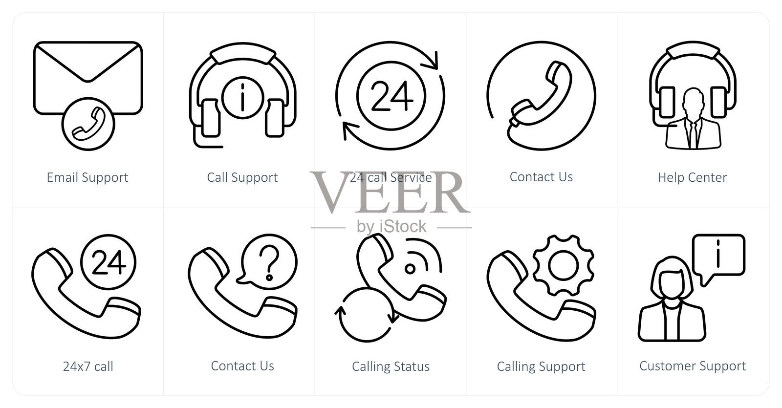 一组10个客户支持图标，如电子邮件支持，电话支持，24电话服务插画图片素材