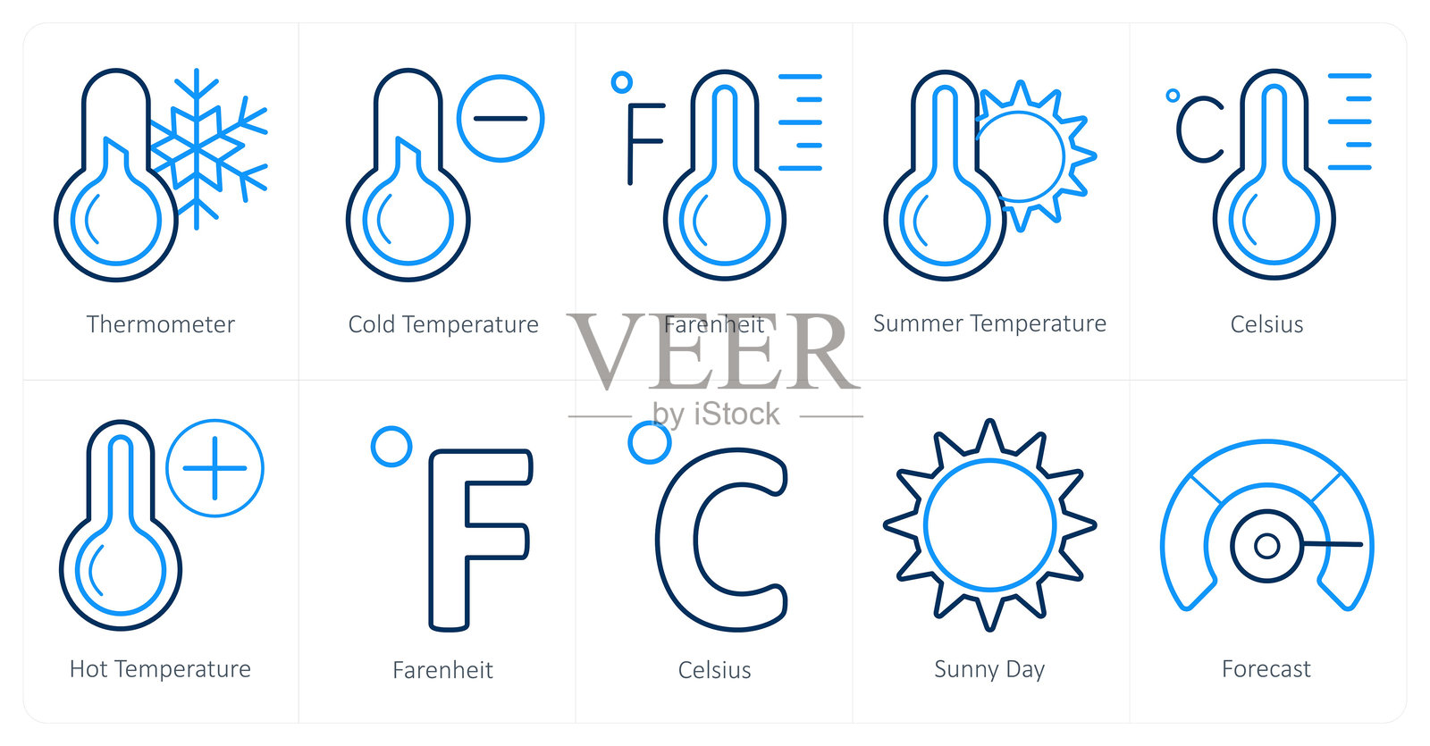 一组10个天气图标，如温度计，冷温度，华氏度插画图片素材