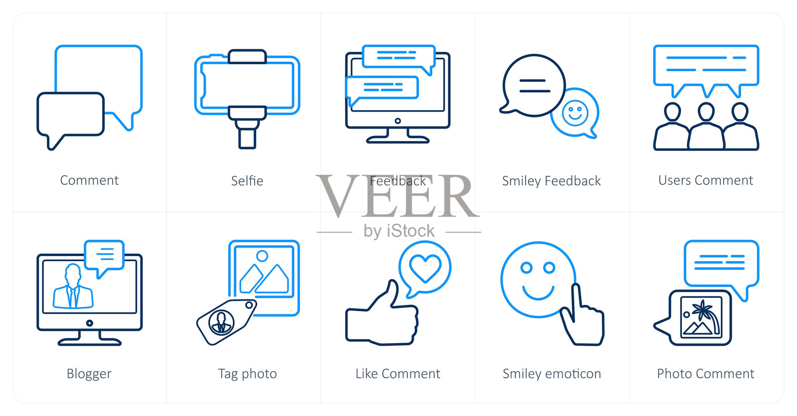 一套10个社交图标作为评论，自拍，反馈插画图片素材