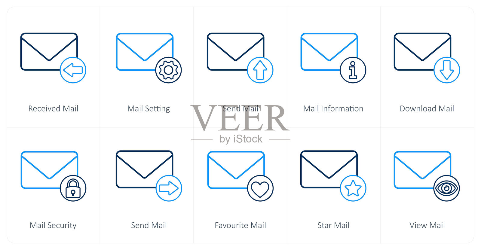 一组10个邮件图标作为接收邮件、设置邮件、发送邮件插画图片素材