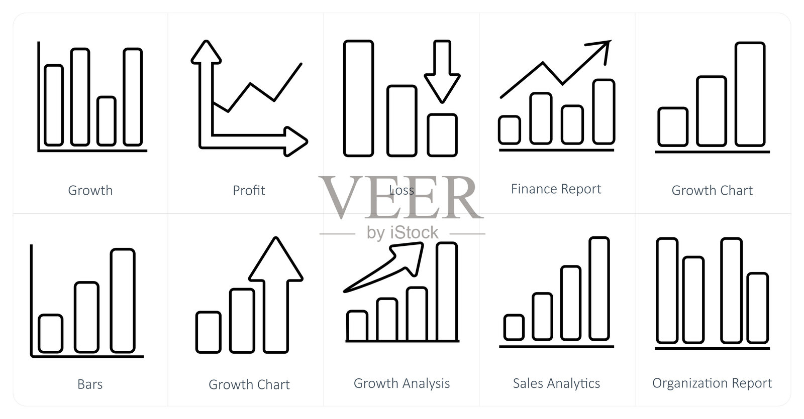 一组10个图表和报告图标，如增长，利润，损失插画图片素材
