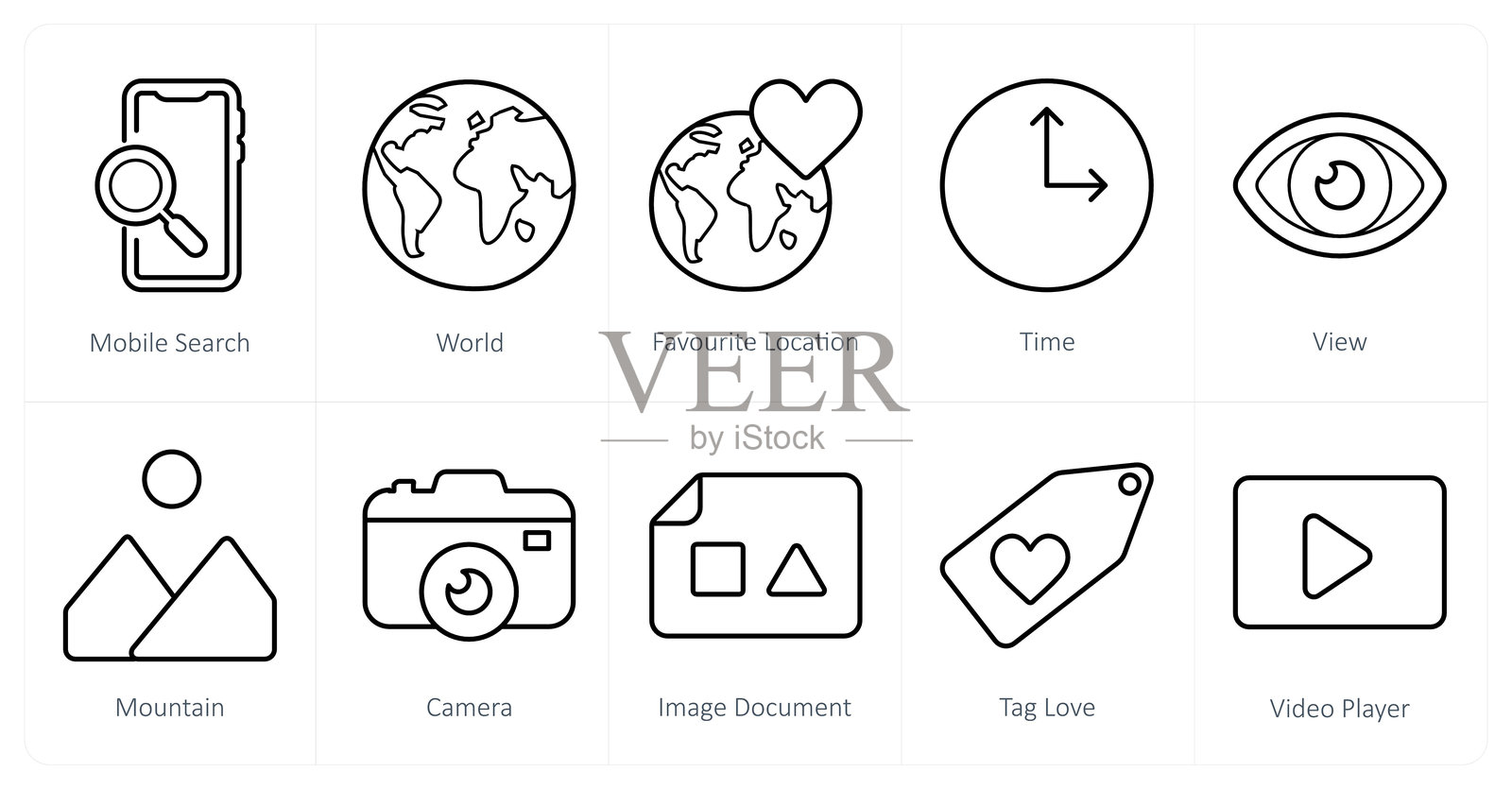 一组10个ui图标作为移动搜索，世界，最喜欢的位置插画图片素材