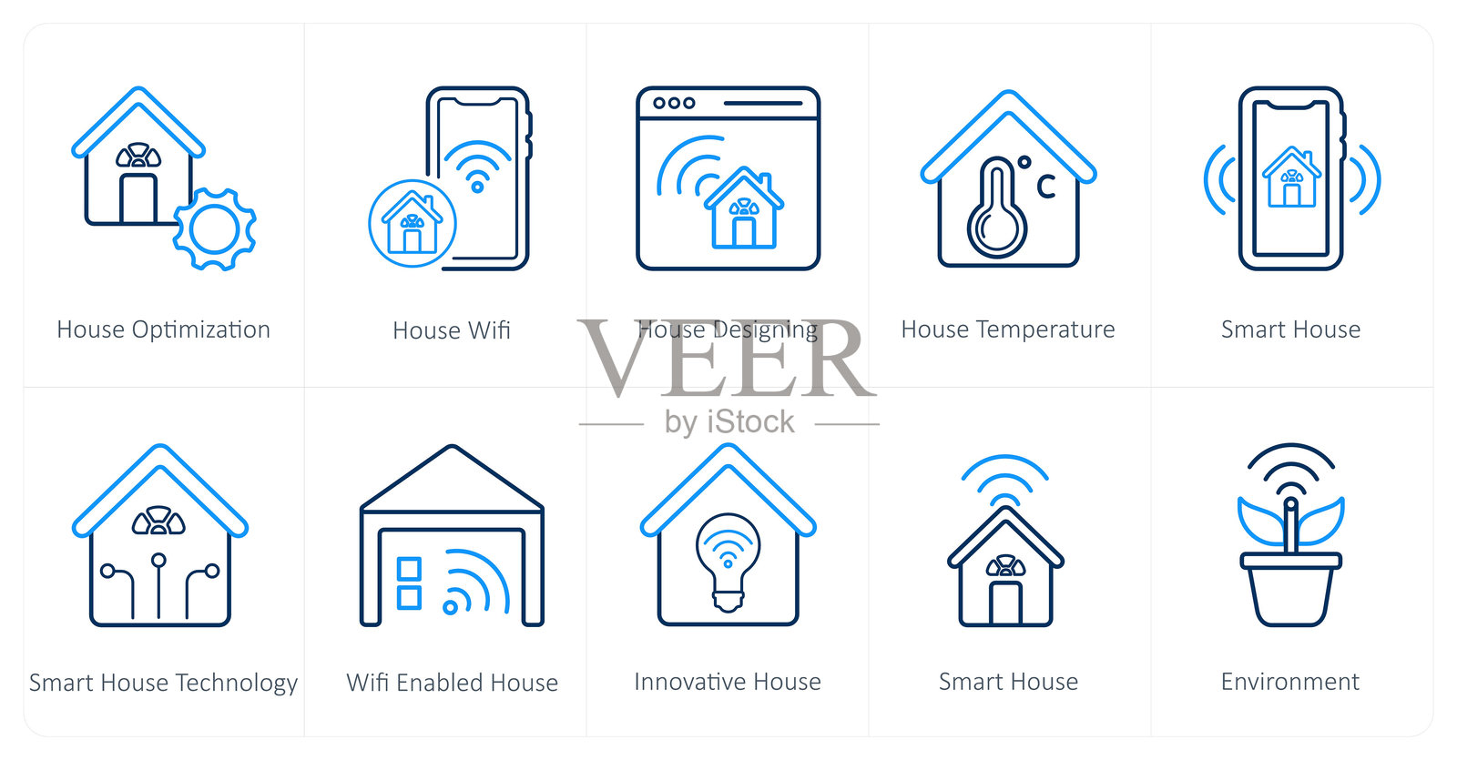 一套10个智能家居图标，如房屋优化，房屋wifi，家居设计插画图片素材