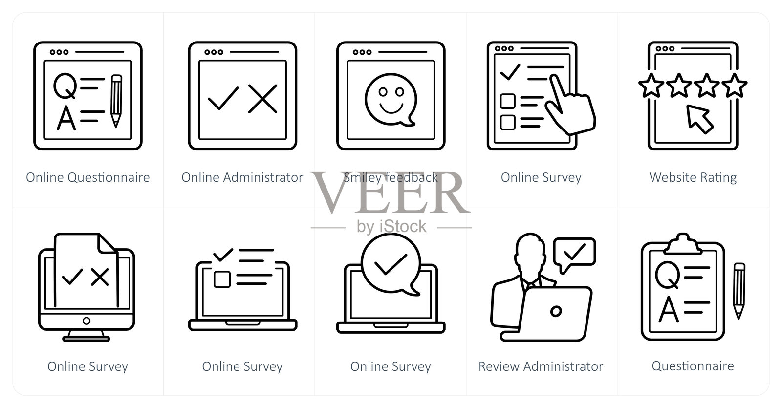 一套10个调查和评级图标作为在线问卷，在线管理员，笑脸反馈插画图片素材