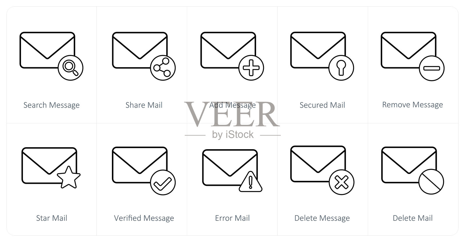 一组10个邮件图标作为搜索消息，共享邮件，添加消息插画图片素材