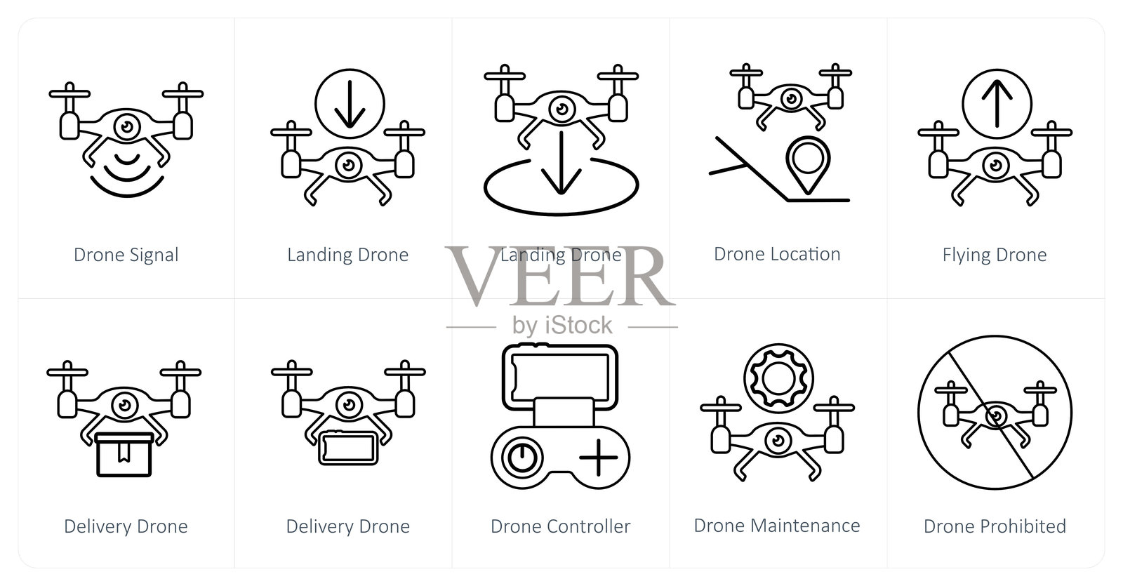 一组10个无人机图标作为无人机信号，无人机着陆，无人机位置插画图片素材