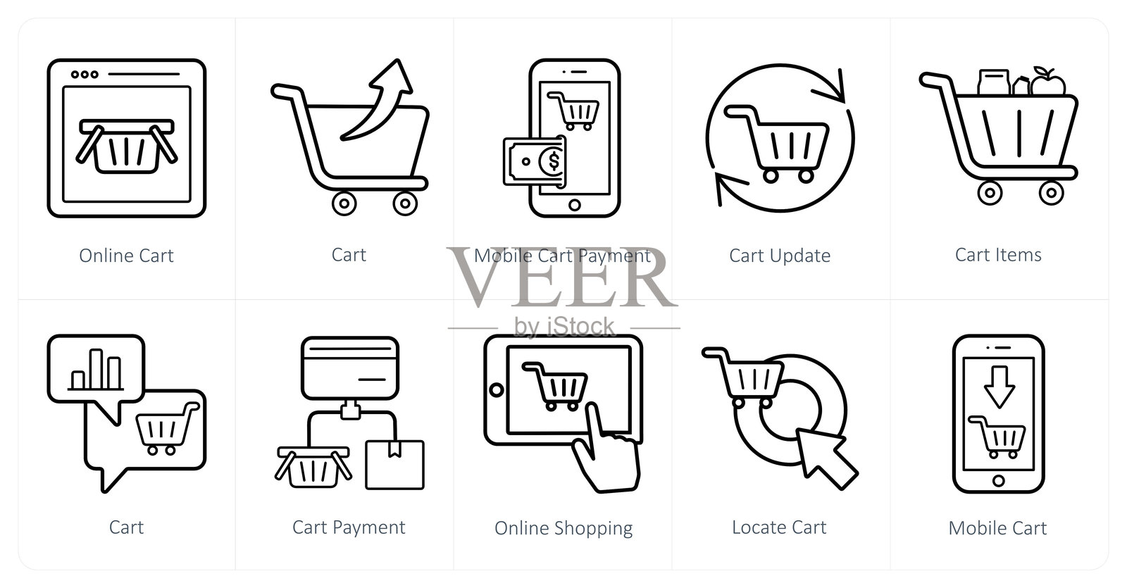 一组10个电子商务图标作为在线购物车，购物车，移动购物车支付插画图片素材