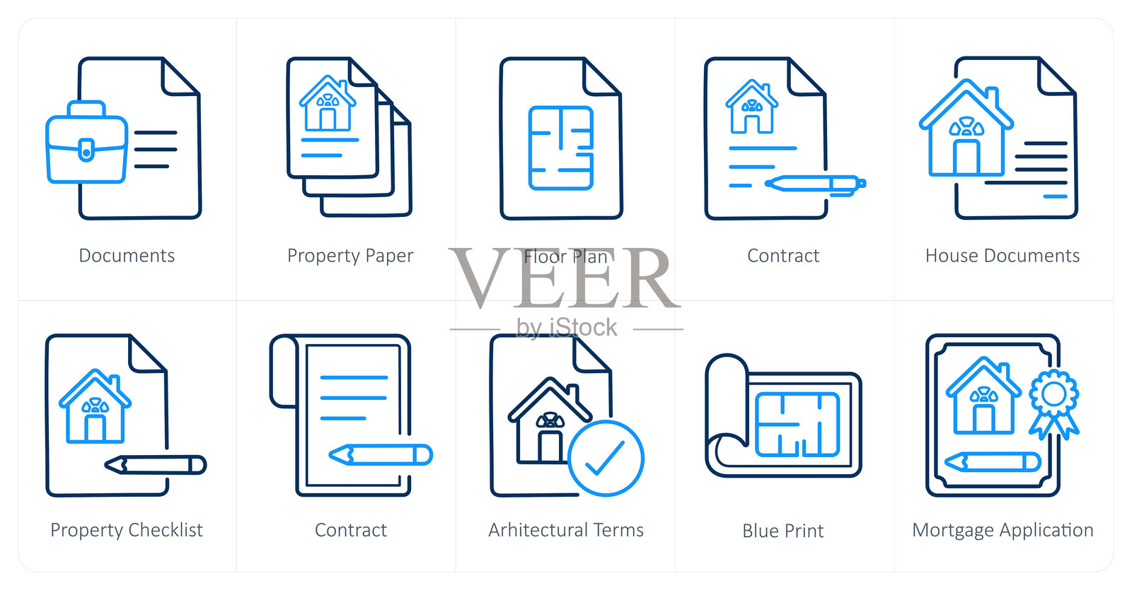 一套10个房地产图标作为文件，物业纸，平面图插画图片素材