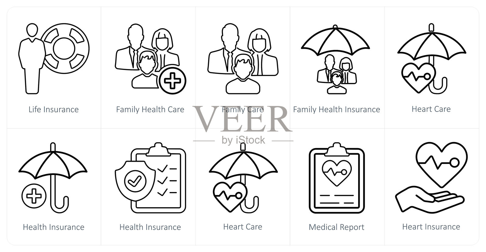 一套10个医疗图标，如人寿保险、家庭保健、家庭护理插画图片素材