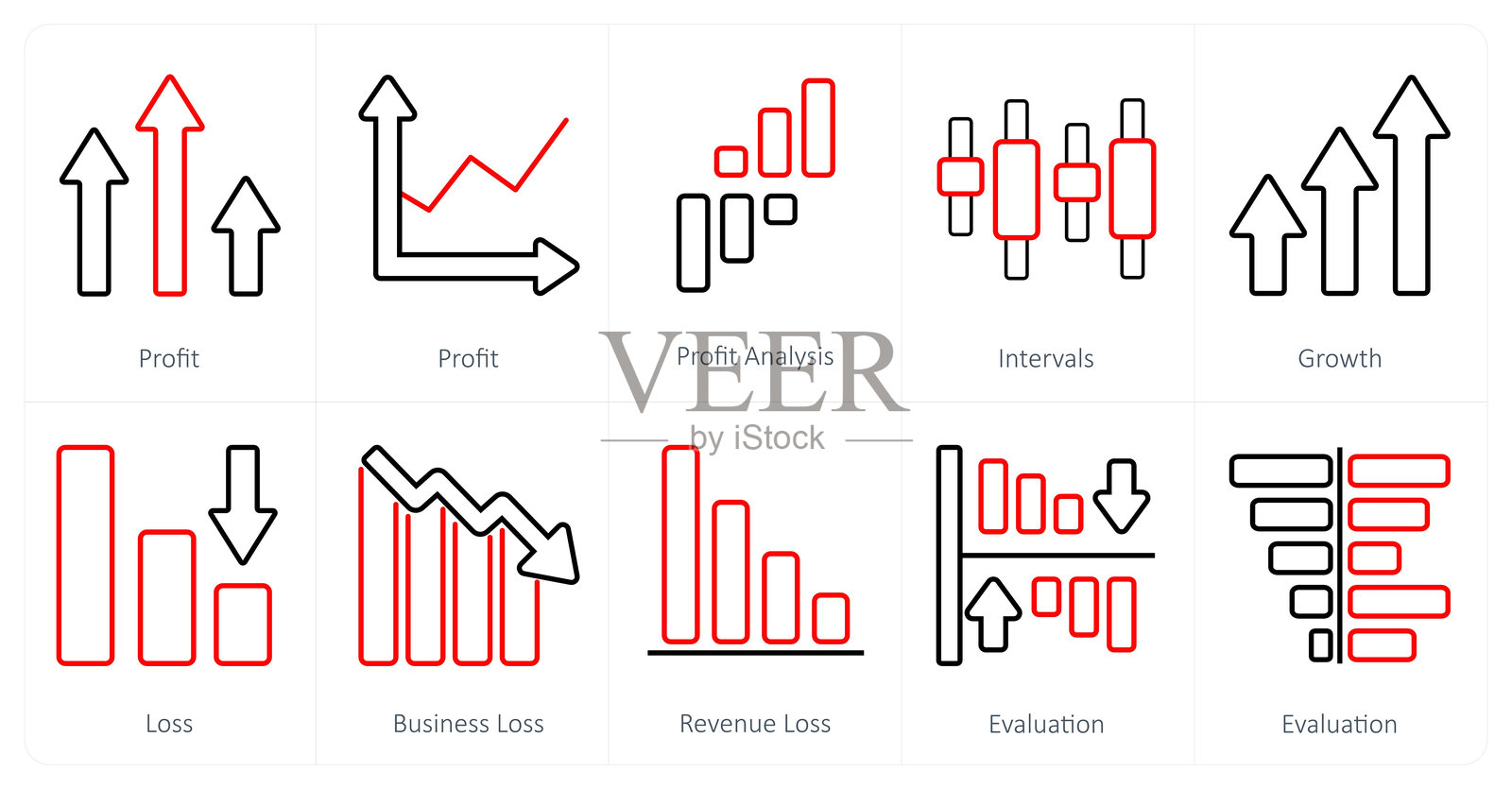 一组10图和报告图标作为利润，利润分析，时间间隔插画图片素材