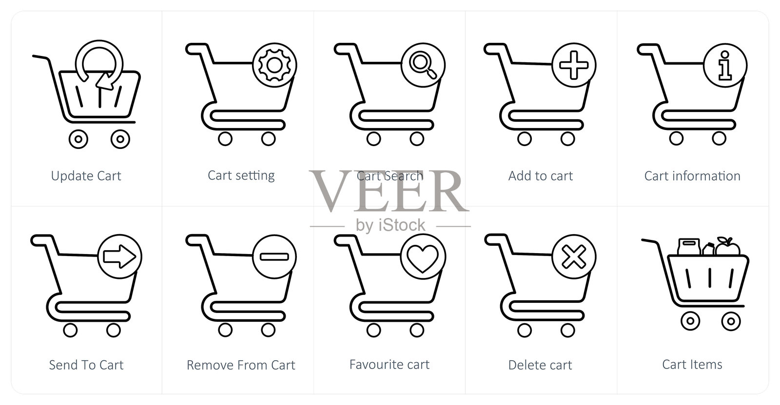 一组10个购物车图标作为更新购物车，购物车设置，购物车搜索插画图片素材