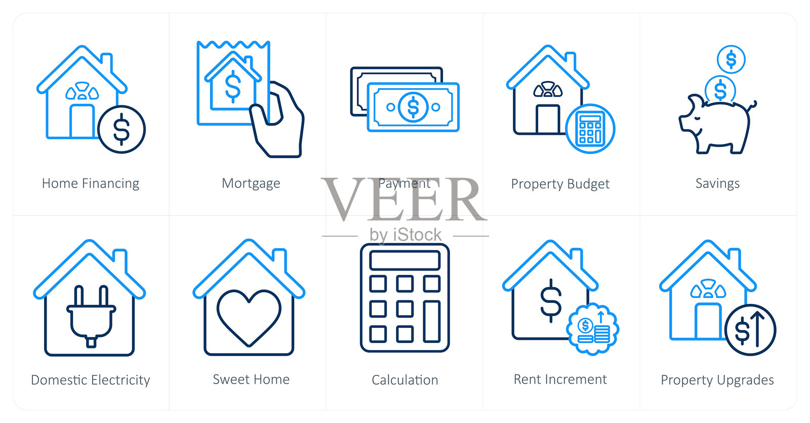 一套10房地产图标为家庭融资，抵押贷款，付款插画图片素材