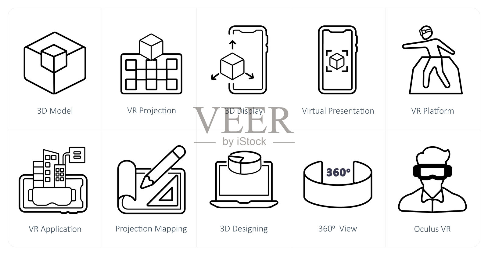 一套10个虚拟现实图标作为3d模型，vr投影，3d显示插画图片素材