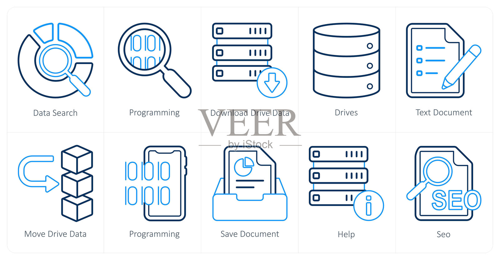 一套10个混合图标作为数据搜索，编程，下载驱动数据插画图片素材