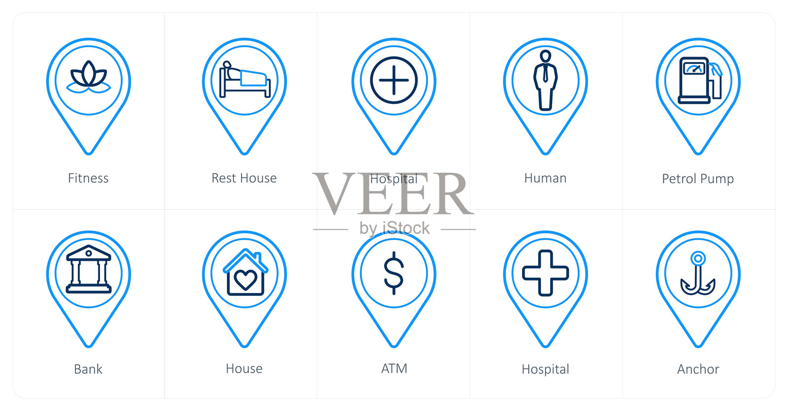 一套10个位置图标，如健身，休息，医院插画图片素材