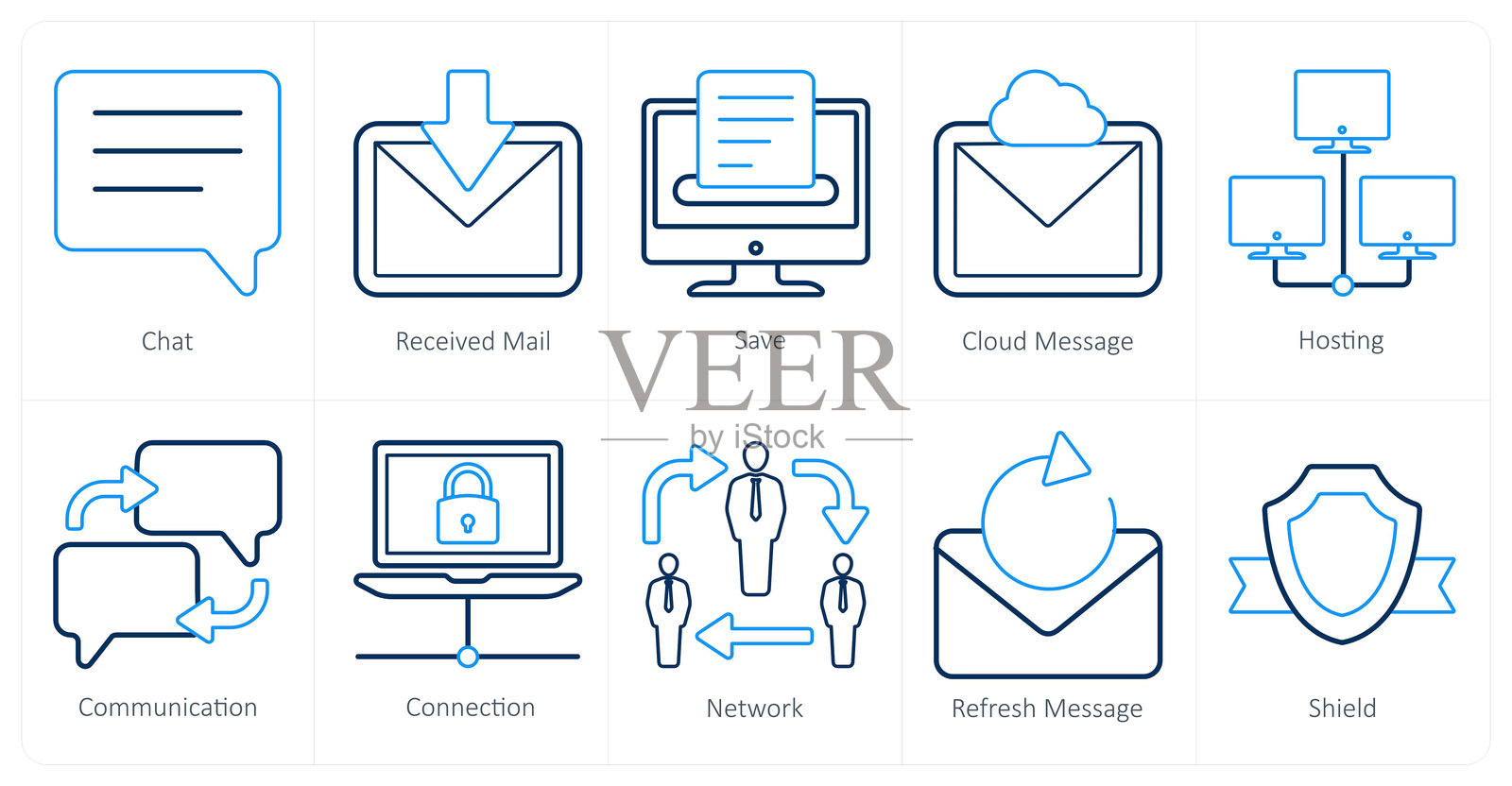一组10个混合图标作为聊天，收到的邮件，保存插画图片素材
