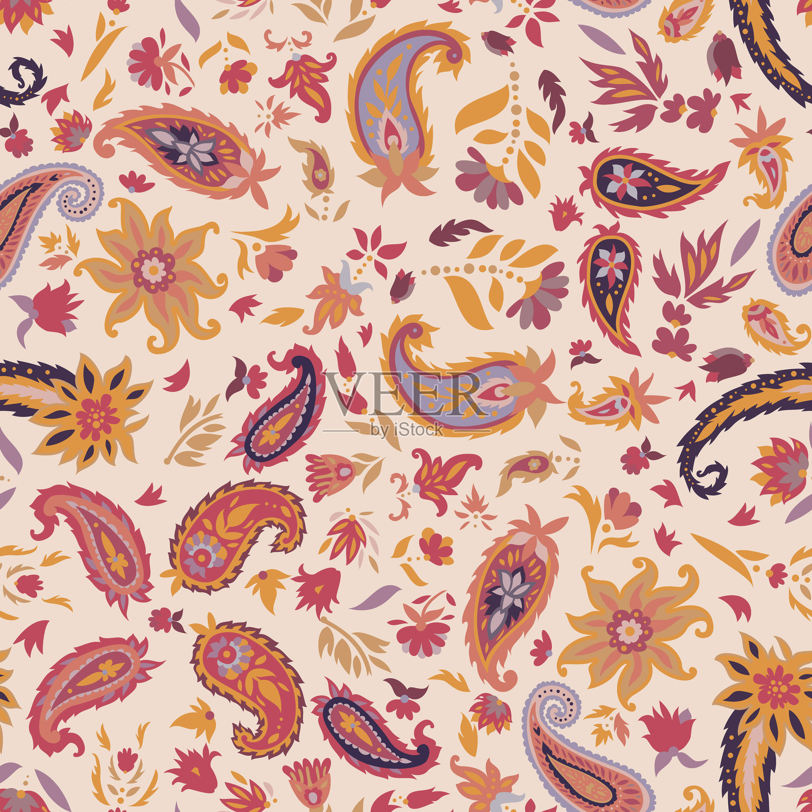 米色暖花佩斯利图案插画图片素材