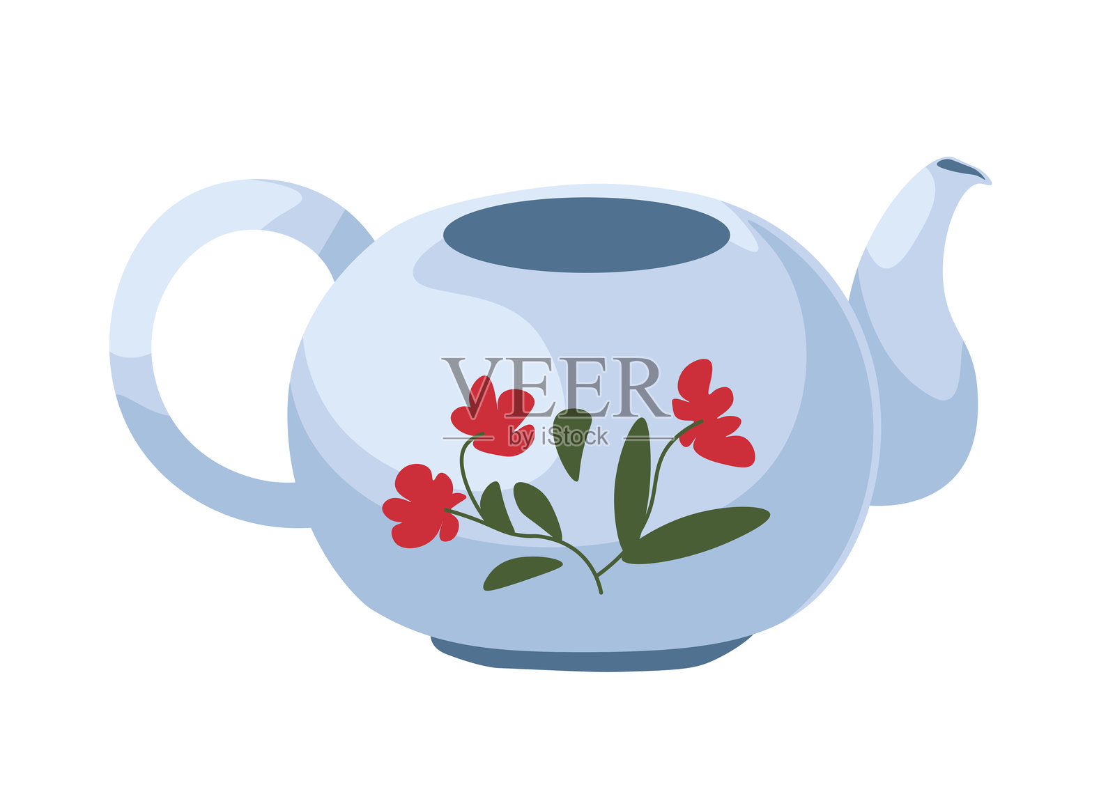 蓝色的茶壶和红色的花朵插画图片素材