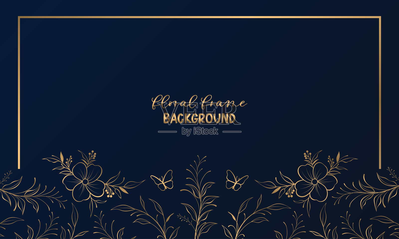 装饰花金色框架背景组成的贺卡，婚礼邀请，海报插画图片素材