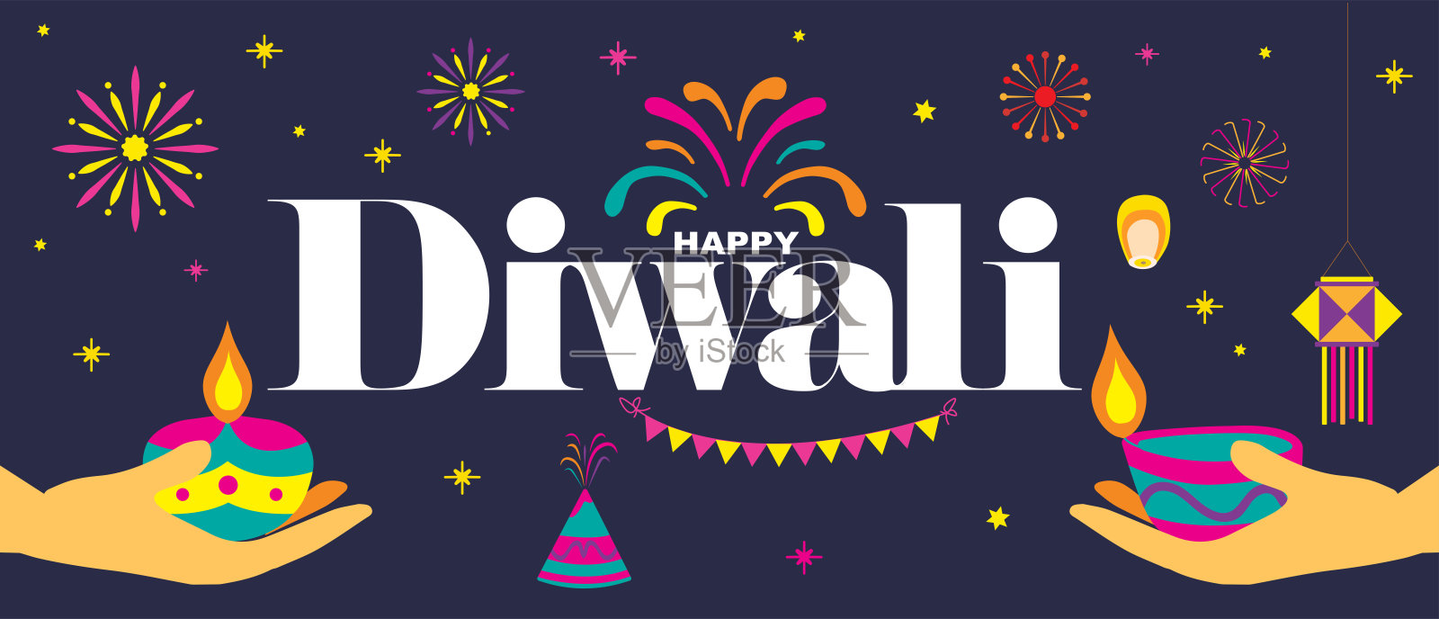 排灯节平面现代元素和图标集的图形和网页设计模板或排灯节鞭炮设计与手拿diya油灯，烟花和排版。矢量图插画图片素材