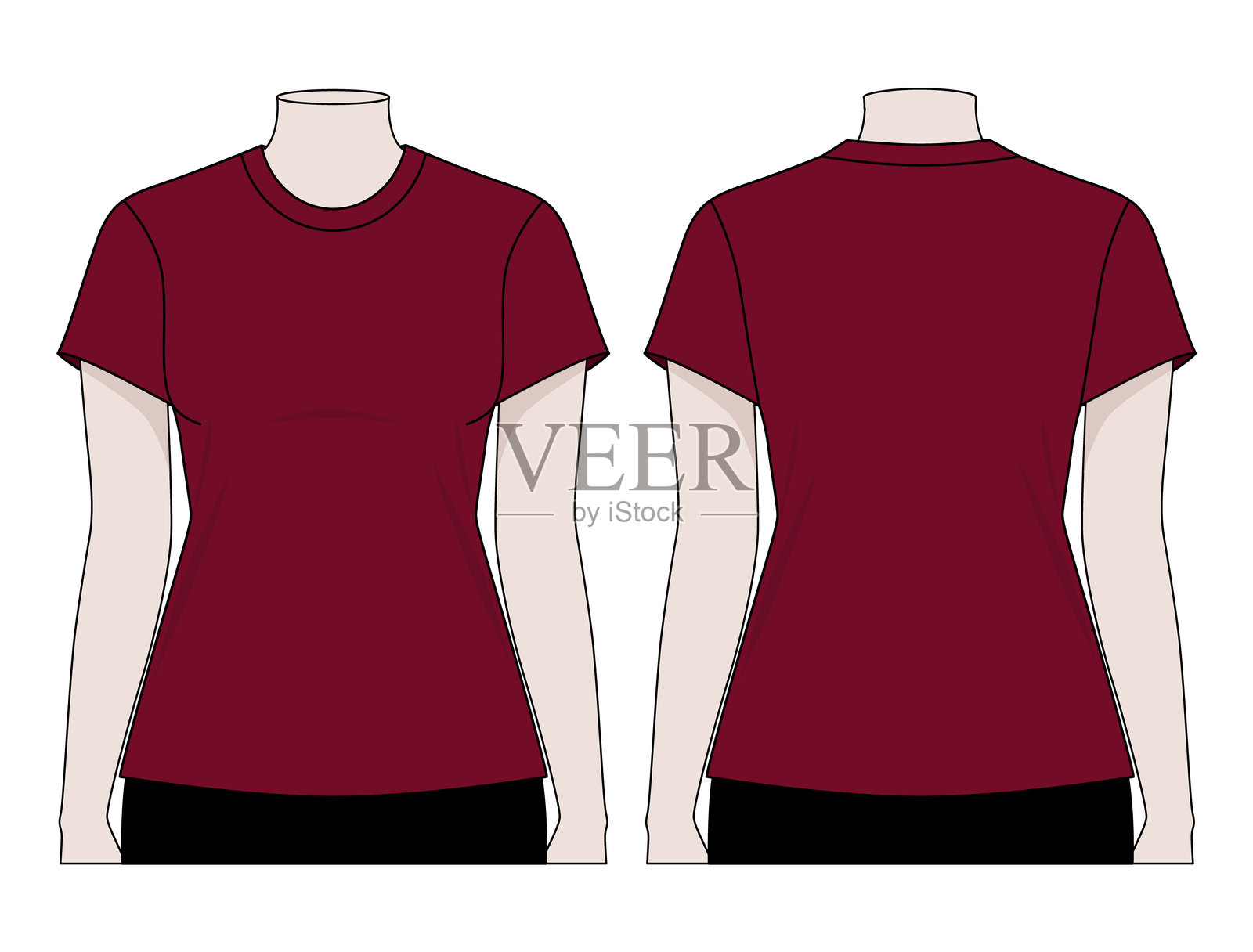 女子空白深红色短袖t恤模板在白色的背景插画图片素材