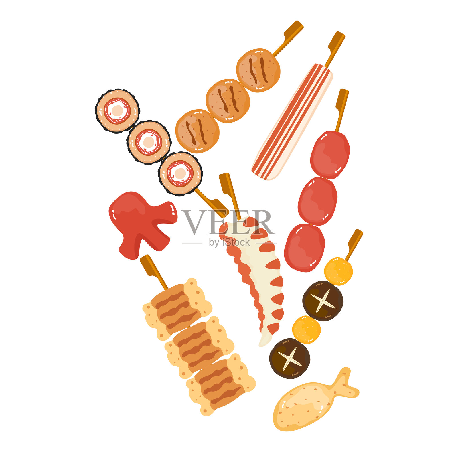 街边小吃烤鸡肉串配上各种烤肉串。亚洲快餐和外卖餐厅孤立的白色背景可爱的卡通设计元素，易于编辑。插画图片素材