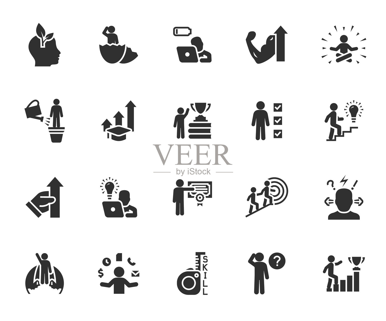 矢量集的个人成长平面图标。包含图标提升技能，职业生涯，新手，倦怠，技能提高，效率，发展，知识，教育和更多。像素完美。插画图片素材