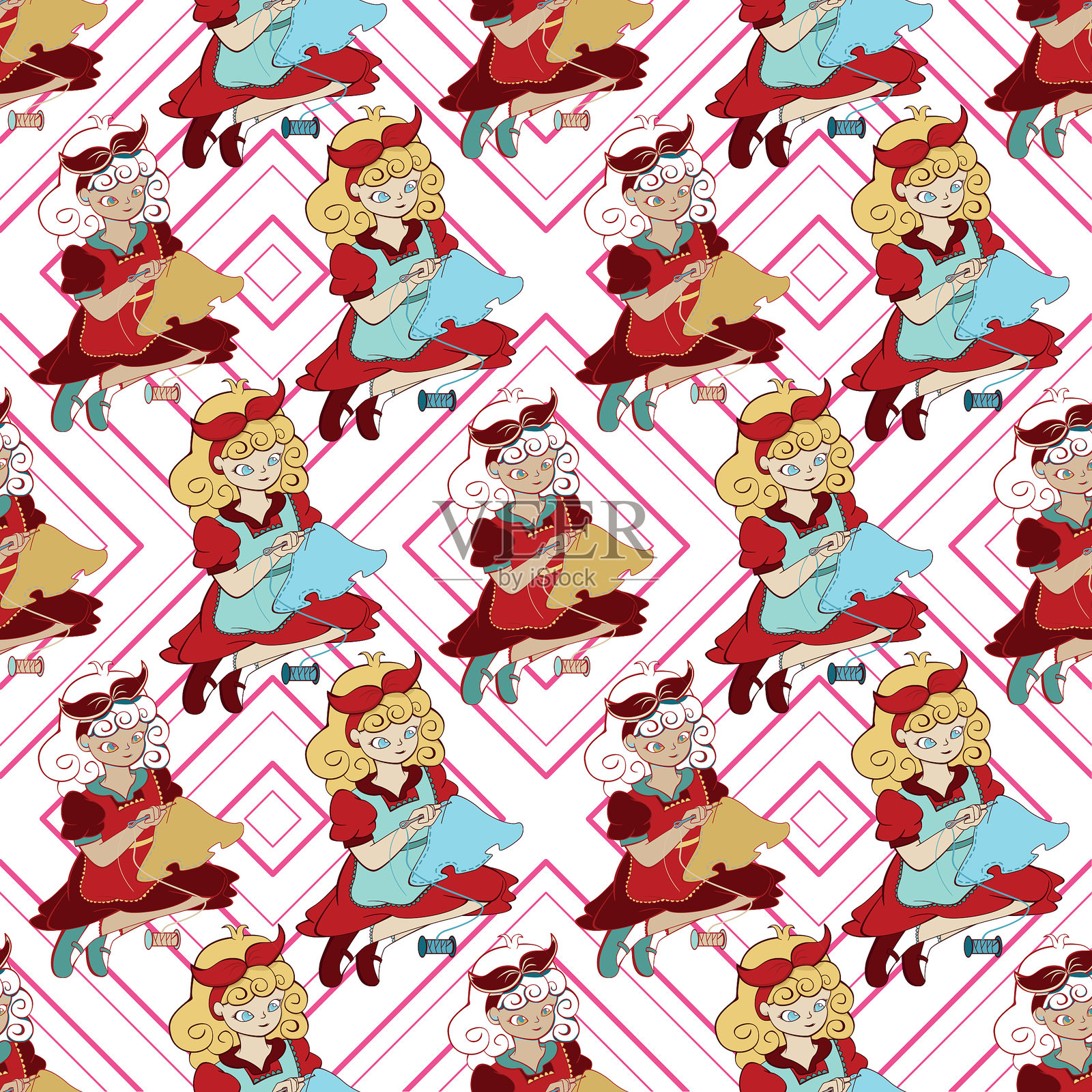 小裁缝重复无缝表面图案设计插画图片素材