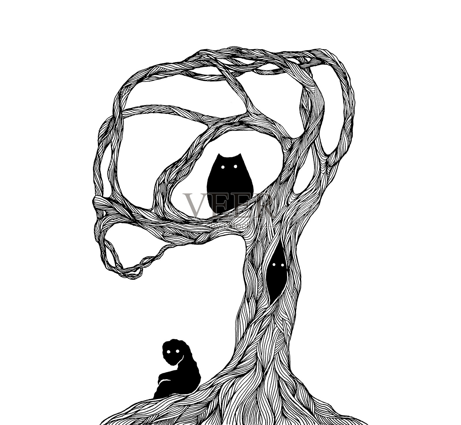 黑白线树绘制插画图片素材