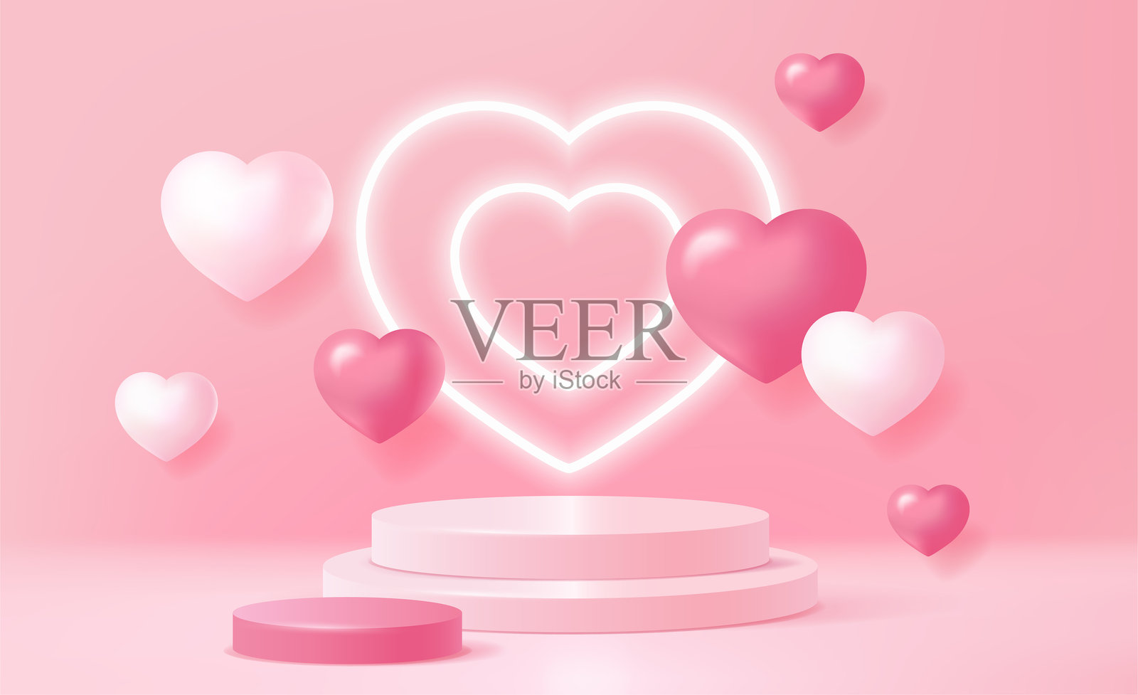 情人节和讲台的场景。粉红色的霓虹灯和浮动心形横幅，圆柱形基座或舞台的产品介绍和广告。逼真的三维矢量插图插画图片素材
