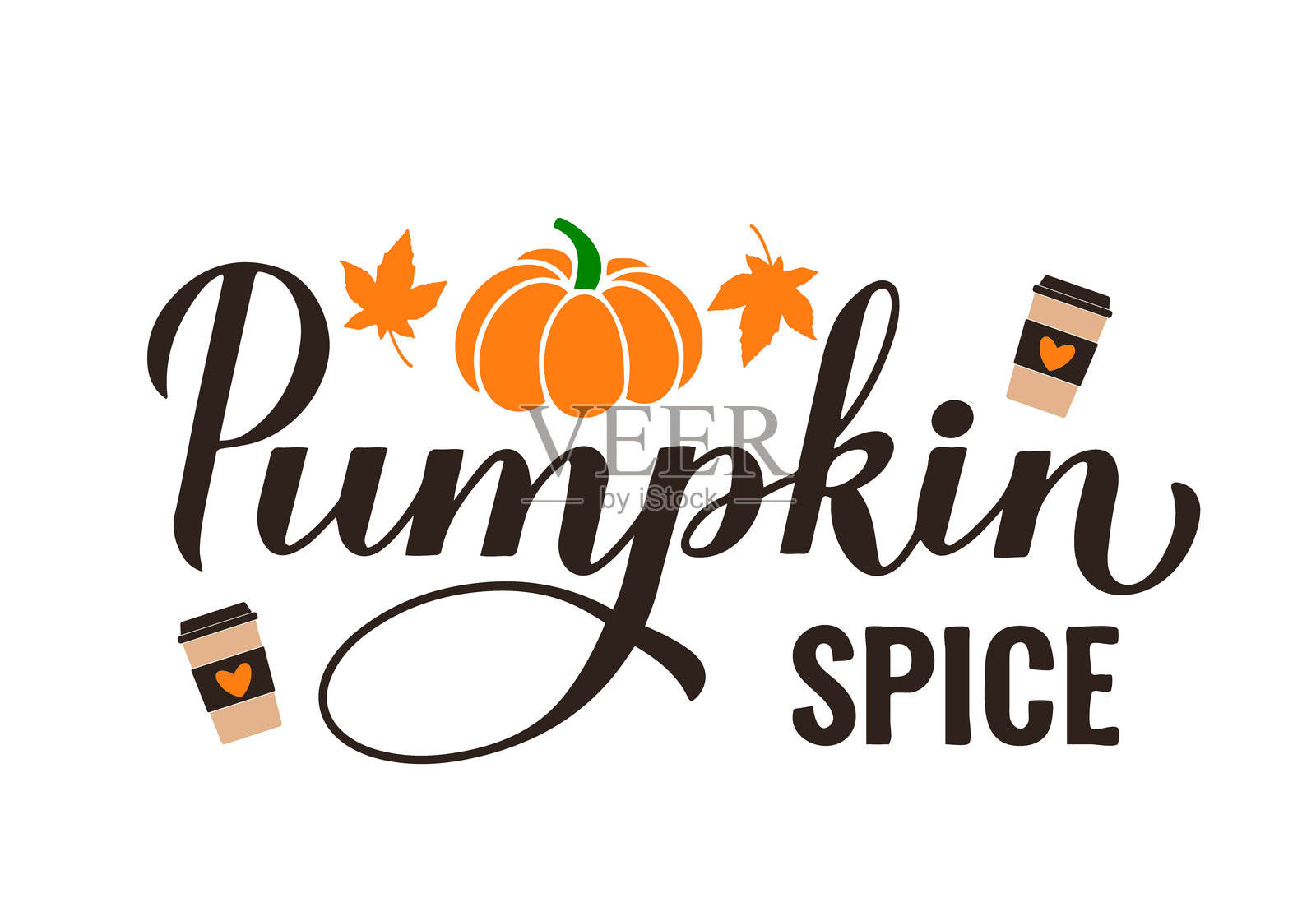 南瓜香料字母与咖啡杯。秋天流行的饮料。矢量模板秋季装饰，排版海报，横幅，传单等。插画图片素材