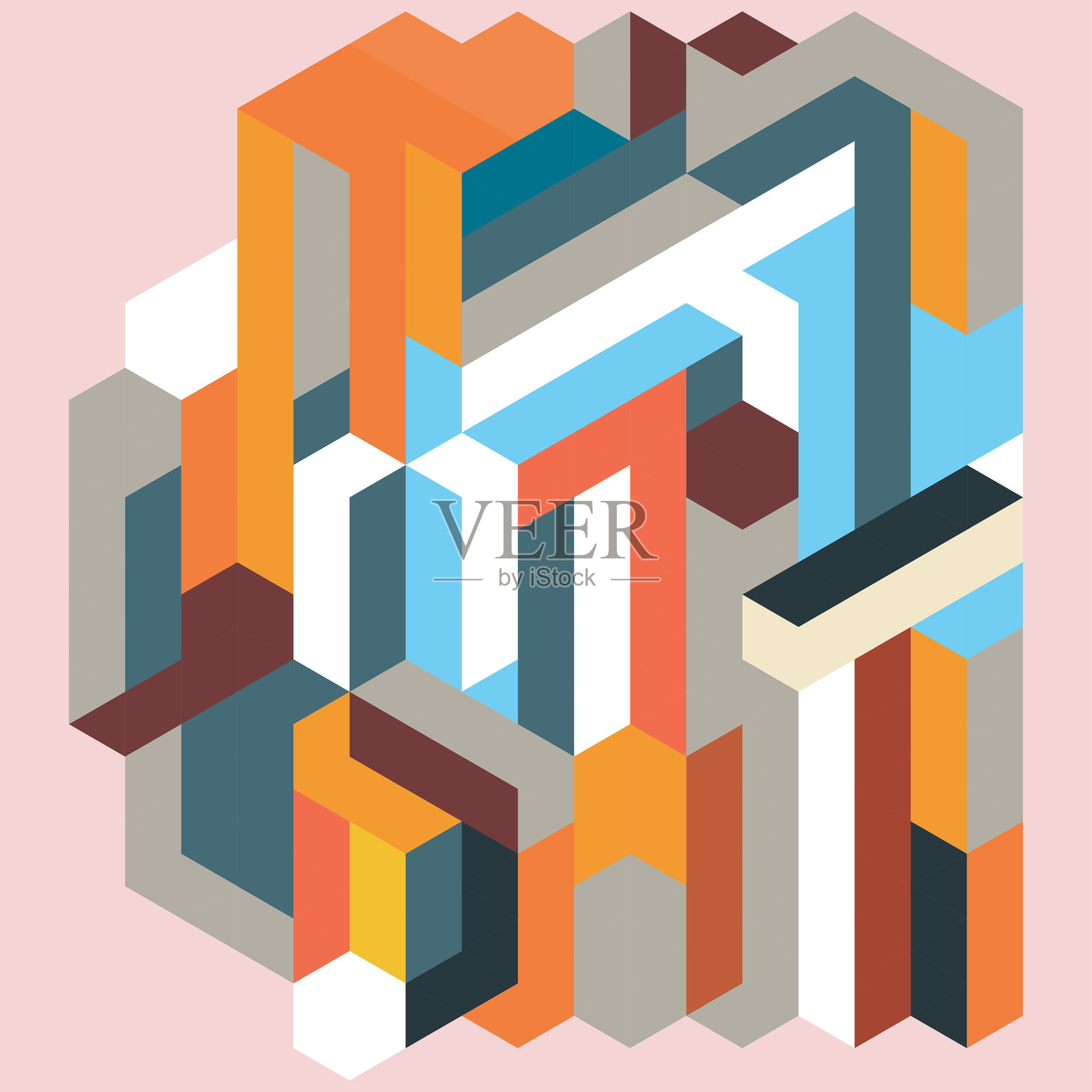 等距形状粉红色背景橙色蓝色灰色棕色白色。插画图片素材