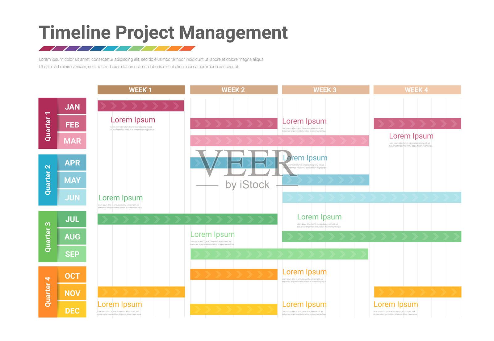 项目进度年图，12个月的总体规划时间线矢量图，最小信息图设计模板。插画图片素材