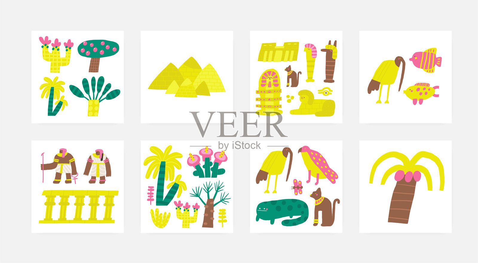 可爱的古埃及沙漠明信片集插画图片素材