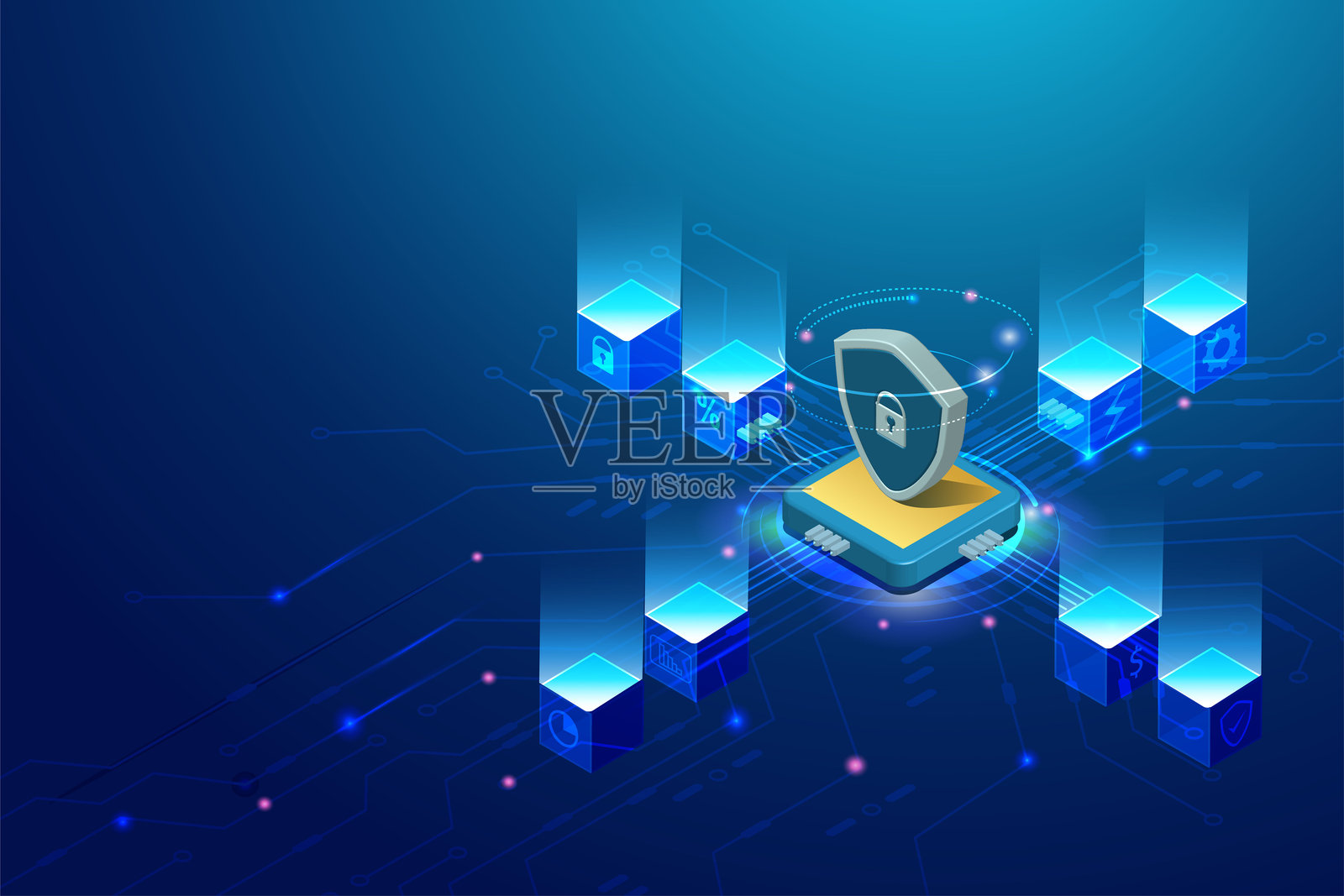 数字电路板上的安全盾牌。网络安全存储网络和区块链技术上的数据保护，虚拟界面屏幕插画图片素材