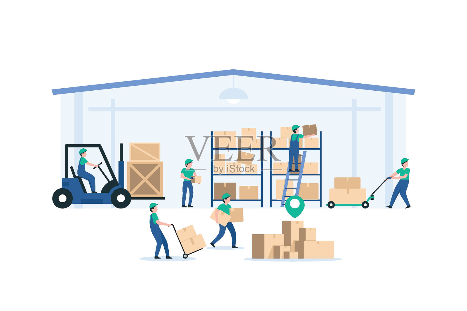 工人在仓库环境中的协作。插图插画图片素材