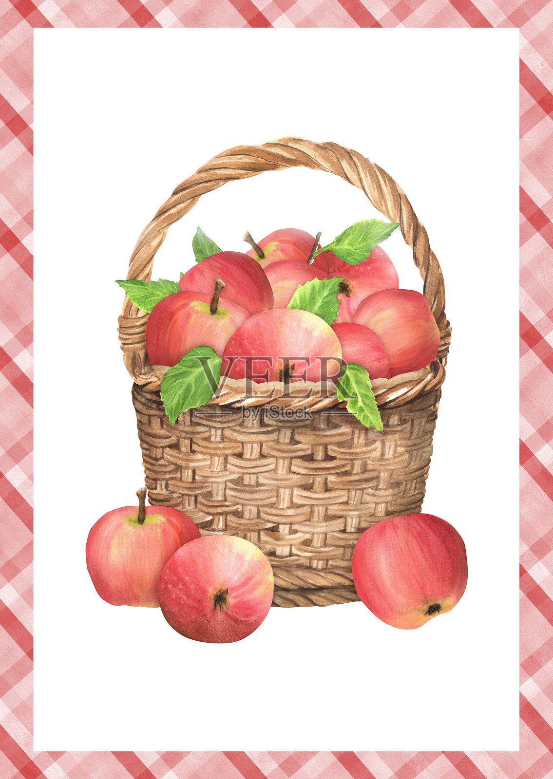 一篮子熟透的红苹果。水果的收成。的框架。现成的明信片设计。手绘水彩插画图片素材