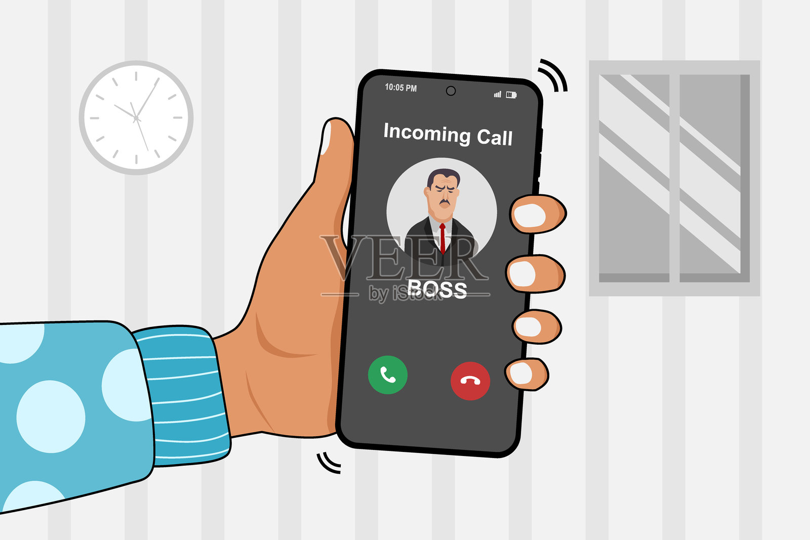 晚上下班后，手里拿着智能手机，上面有老板打来的电话。断开概念的权利。矢量插图。插画图片素材