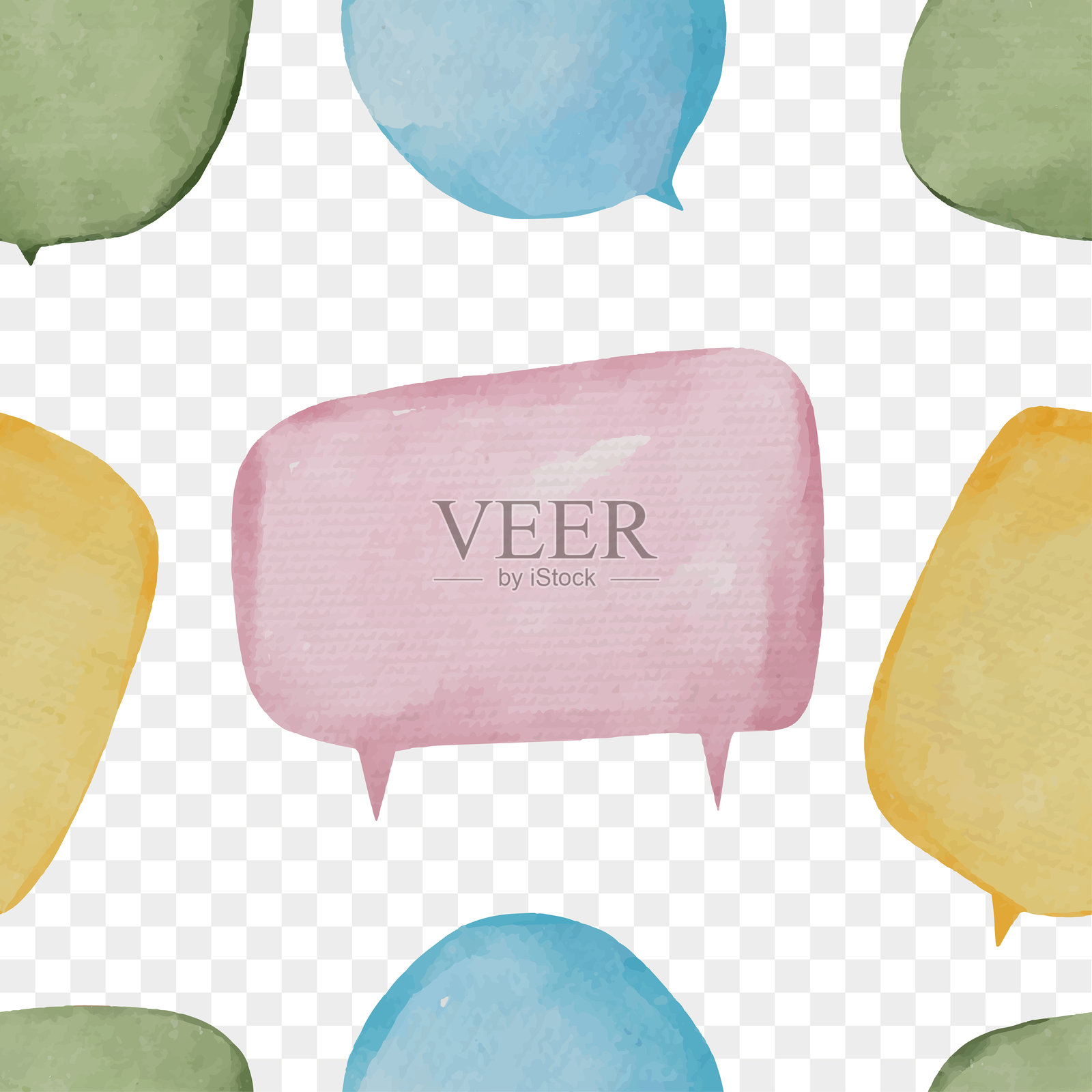 语音气泡水彩，无缝图案云文本框集孤立，手绘聊天或消息评论框，矢量卡通粉彩气球设计可爱的图案织物，包装纸插画图片素材