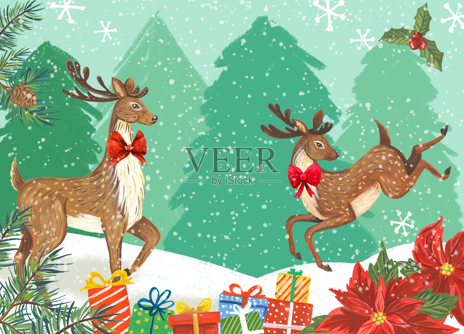 圣诞驯鹿边界与礼物在雪景插画图片素材