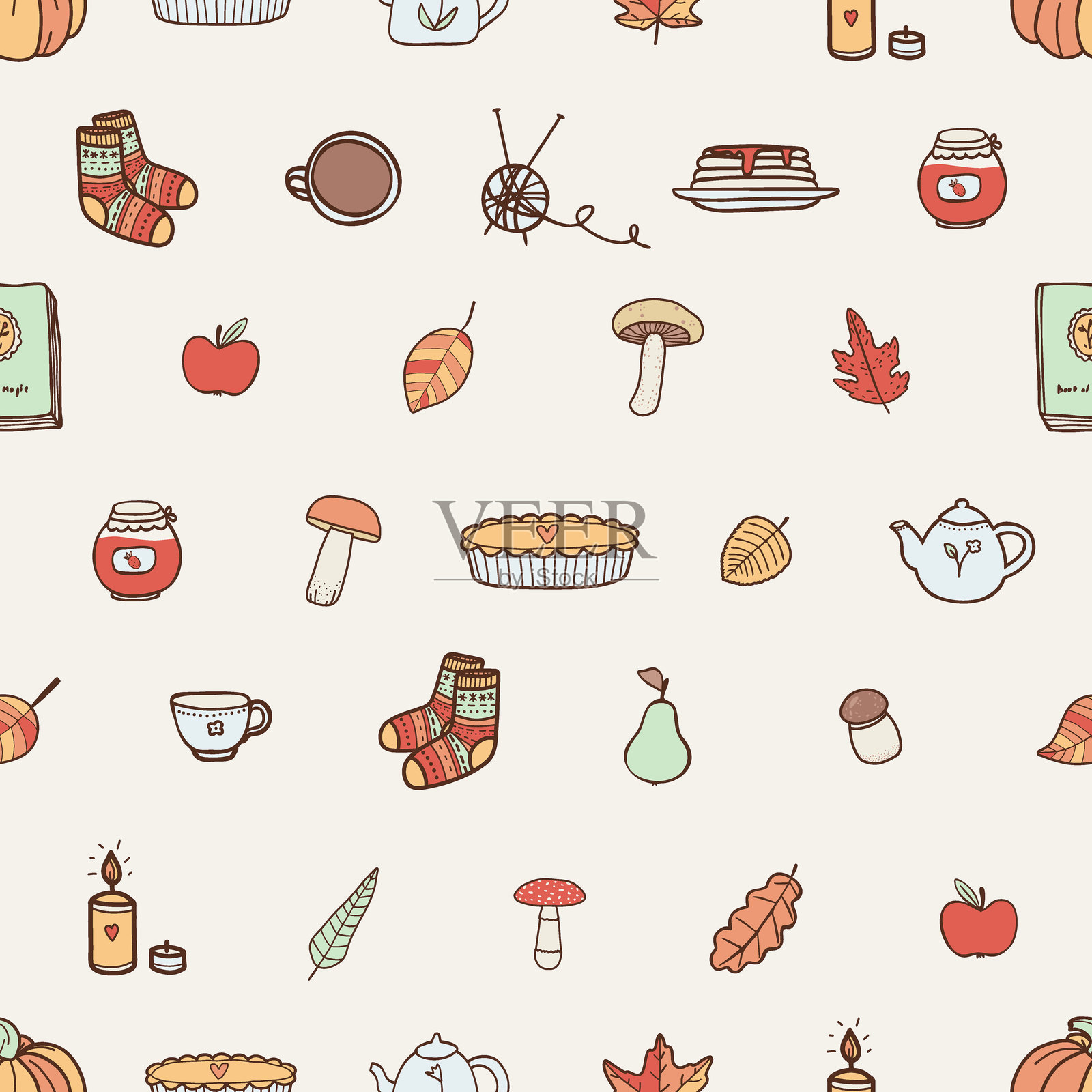 可爱的无缝图案与秋季物品南瓜，苹果，馅饼，蘑菇，袜子，树叶。插画图片素材