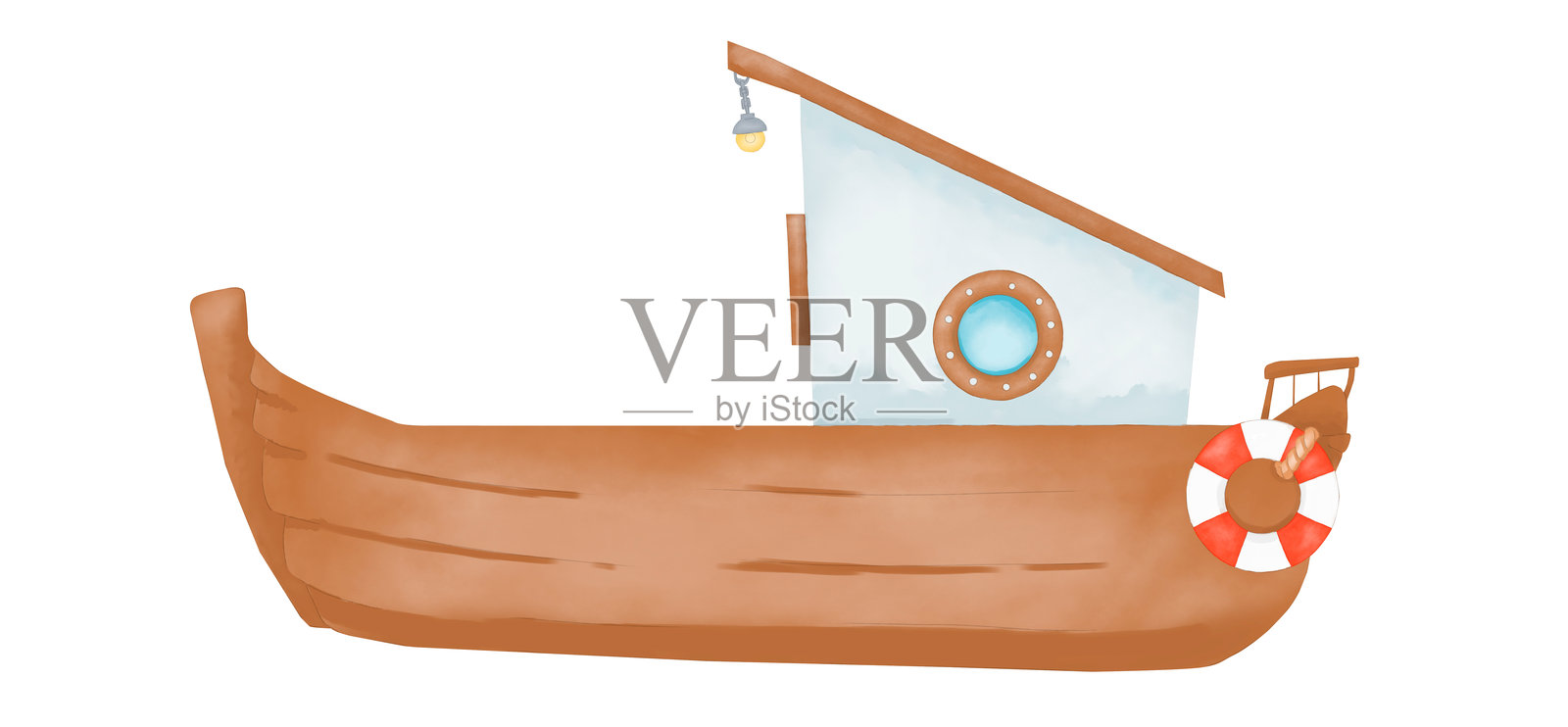 棕色的小船上有一个小木屋，一个红白相间的救生圈和一盏灯，带有圆形窗户的水彩数码插图，用于印刷和织网孩子们的节日插画图片素材