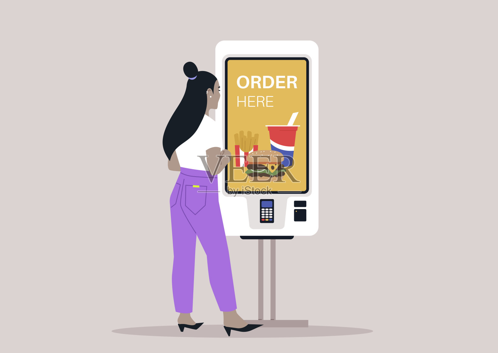一个角色在一个现代化的触摸屏售货亭点了一份快餐，同时在城市里享受休闲的一天插画图片素材