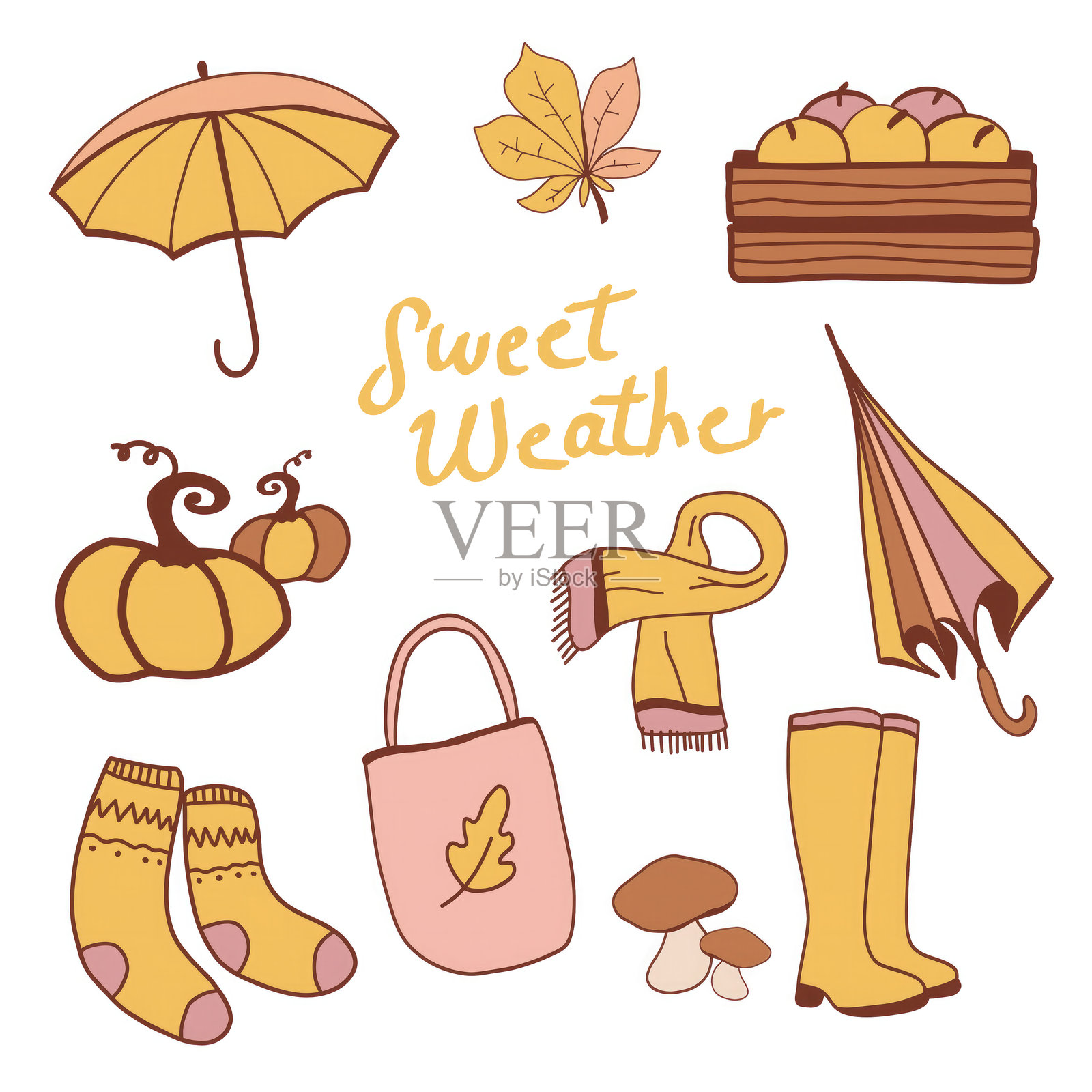 以秋天为主题的插图，以南瓜、围巾和雨伞等舒适的物品为特色，强调甜美的天气和秋天的氛围插画图片素材