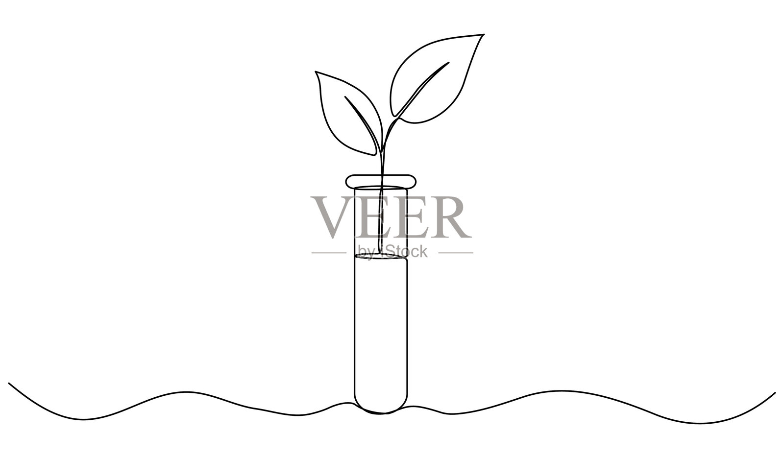连续线绘制化学玻璃管与叶片。插画图片素材