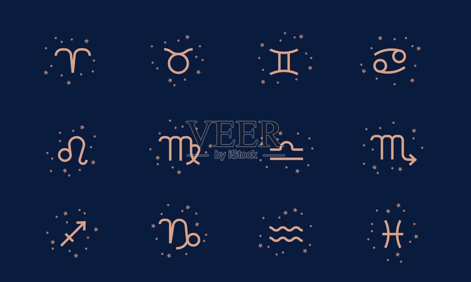 占星学，十二生肖。Horoscop图标。矢量插图在黑色的地面插画图片素材