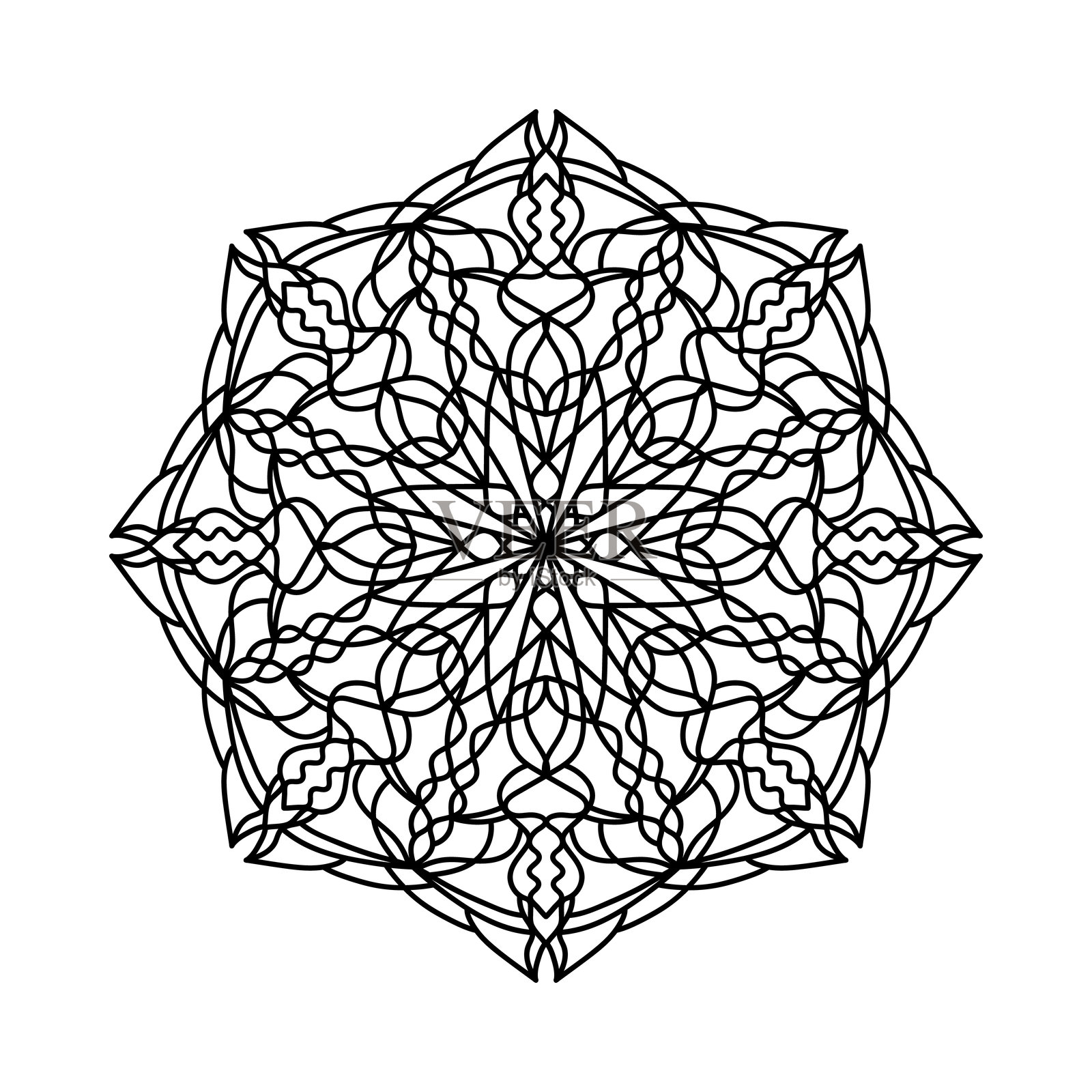 简单的轮廓曼陀罗设计着色书，为着色页。对称几何曼陀罗艺术。曼荼罗图标。插画图片素材