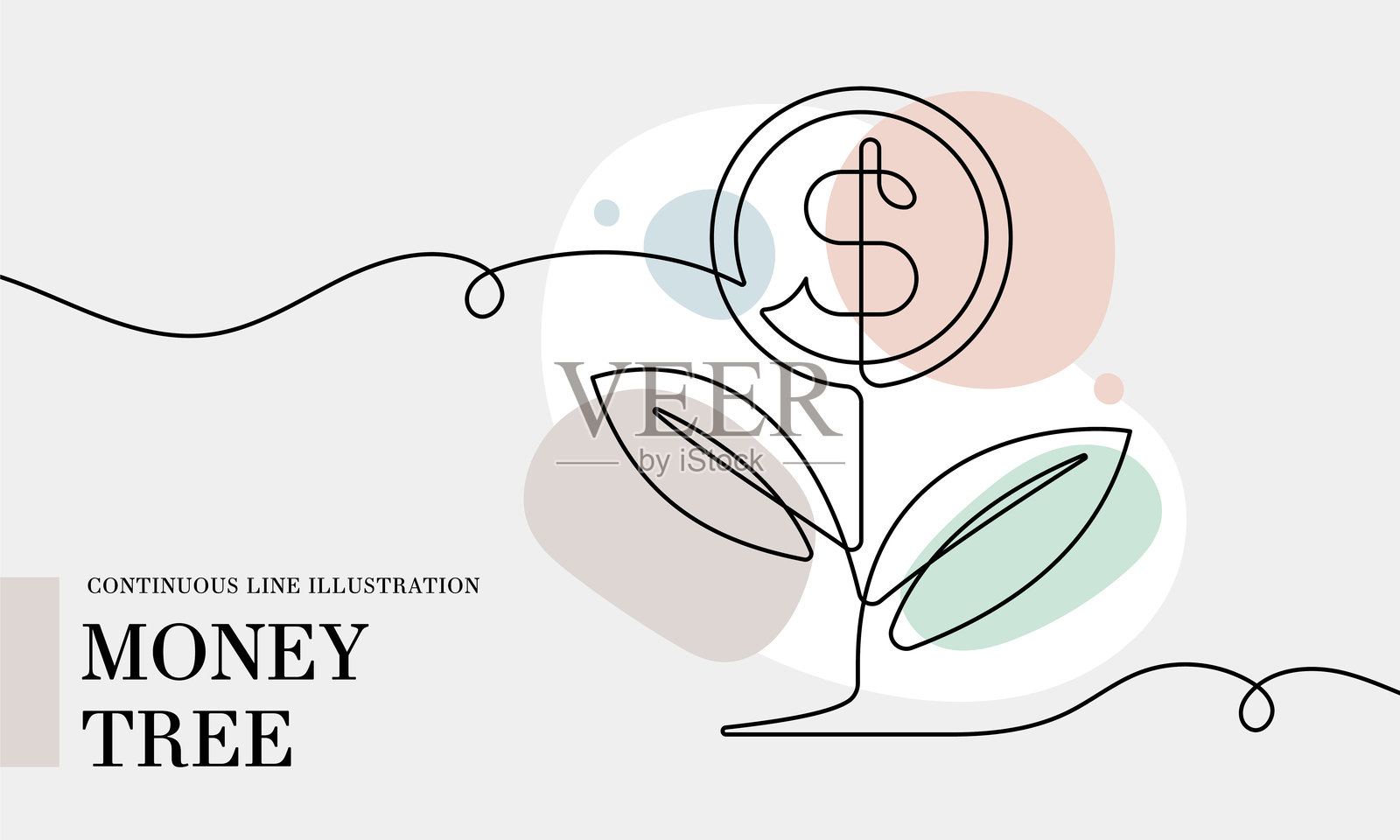 钱树连续线条绘制，带有彩色形状插画图片素材